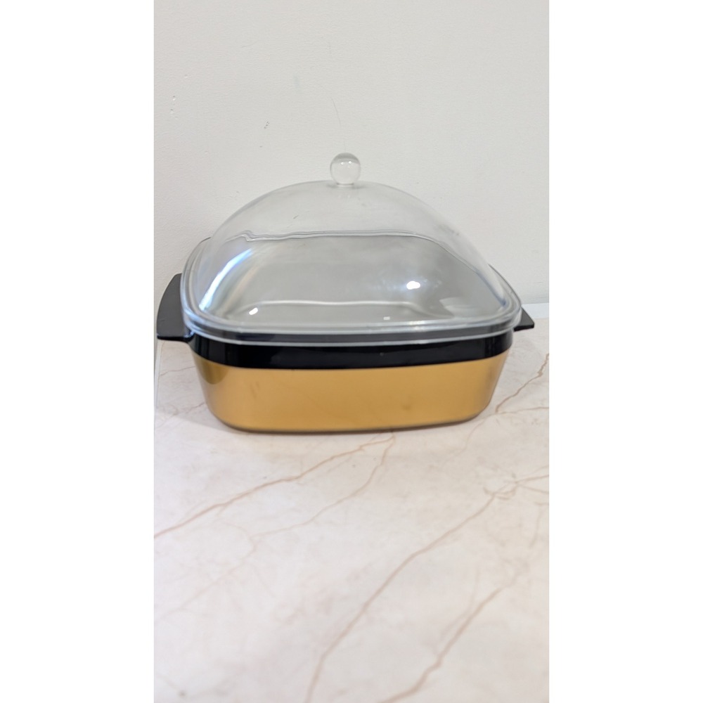 Vintage Gold + Black Square Serving Dish with Clear Dome Lid 9 Inch thermoserve - Picture 1 of 9